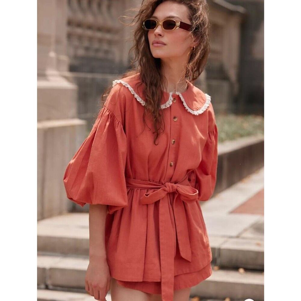 SOLD Free People Porto Top & Shorts Set XS Orange Puff Sleeve Peter Pan Collar